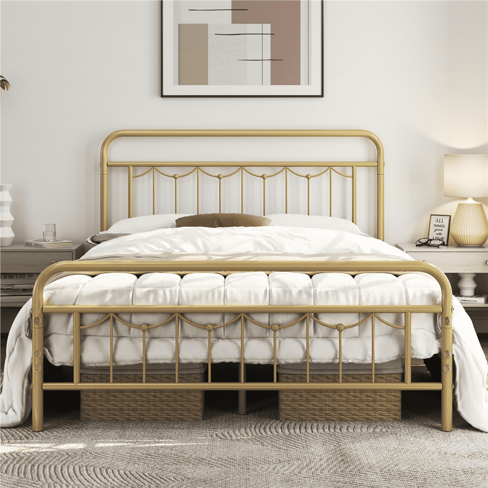 Alden Design Metal Platform Full Bed with Vintage Headboard and Footboard, Antique Gold