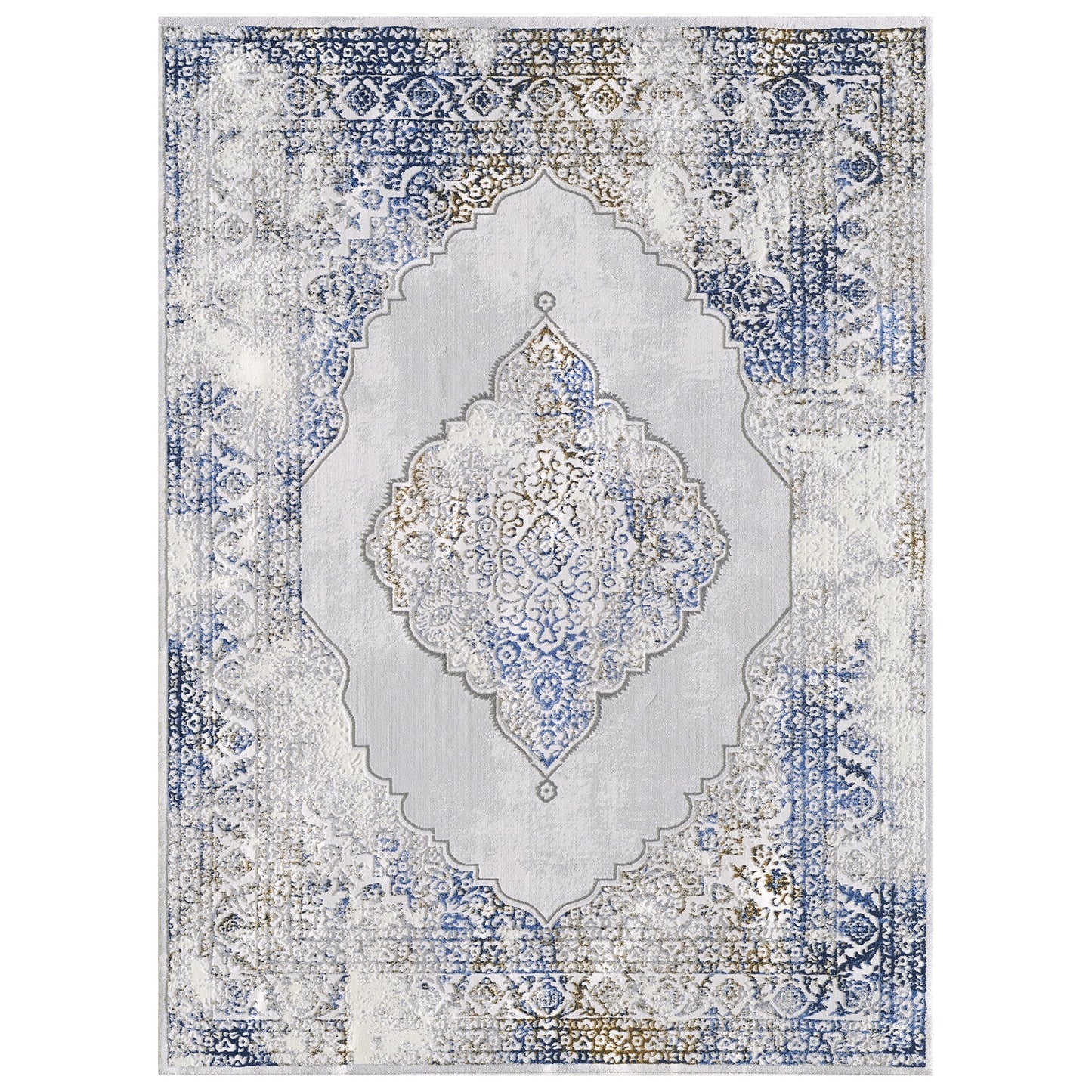 Allstar Rugs 5' 0in x 6' 11in Gainsboro Grey Traditional Persian Themed Polyester Area Rug with a Blue Bijar Design and Gold Accents. Machine-Made in Turkey.