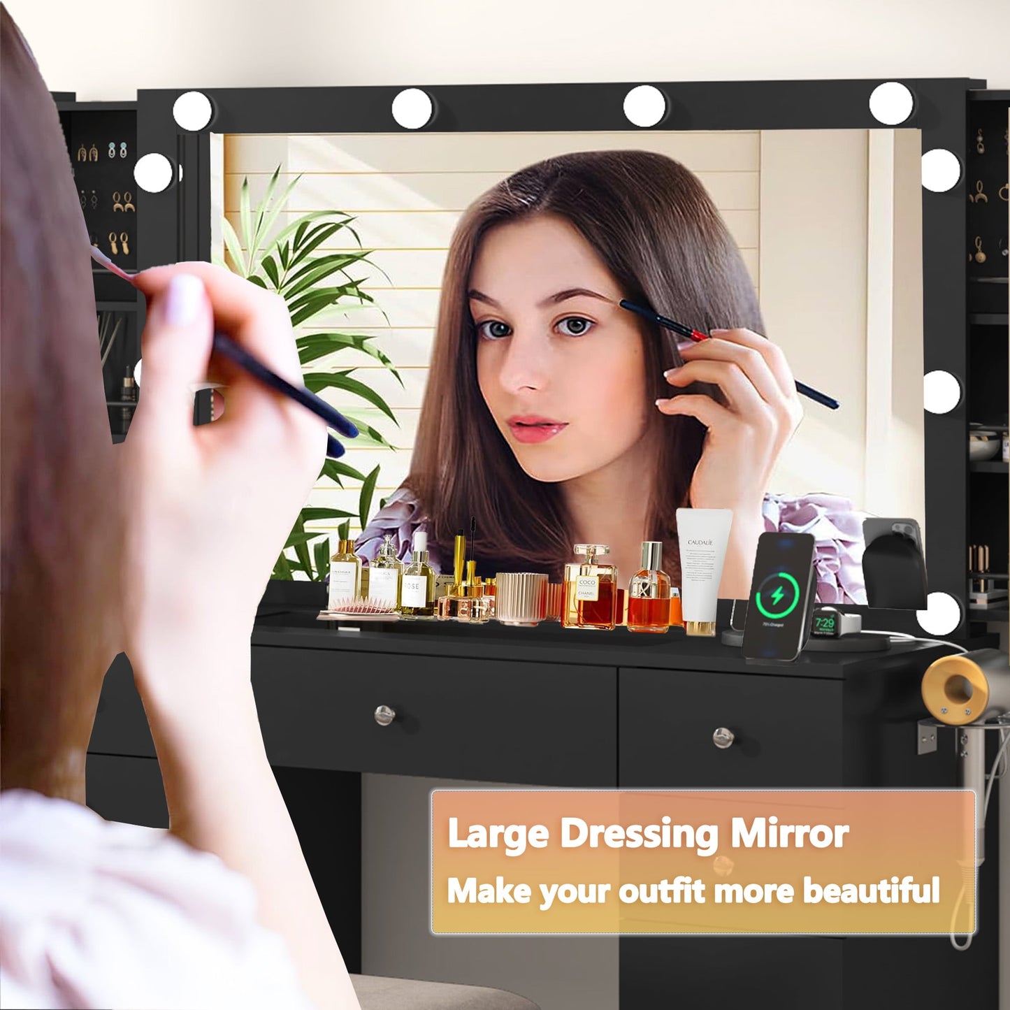 Large Lighted Mirror Vanity Desk with Sliding Storage & Glass Top & 5 Drawers, Makeup Vanity Set with Charging Station, Cushioned Storage Stool