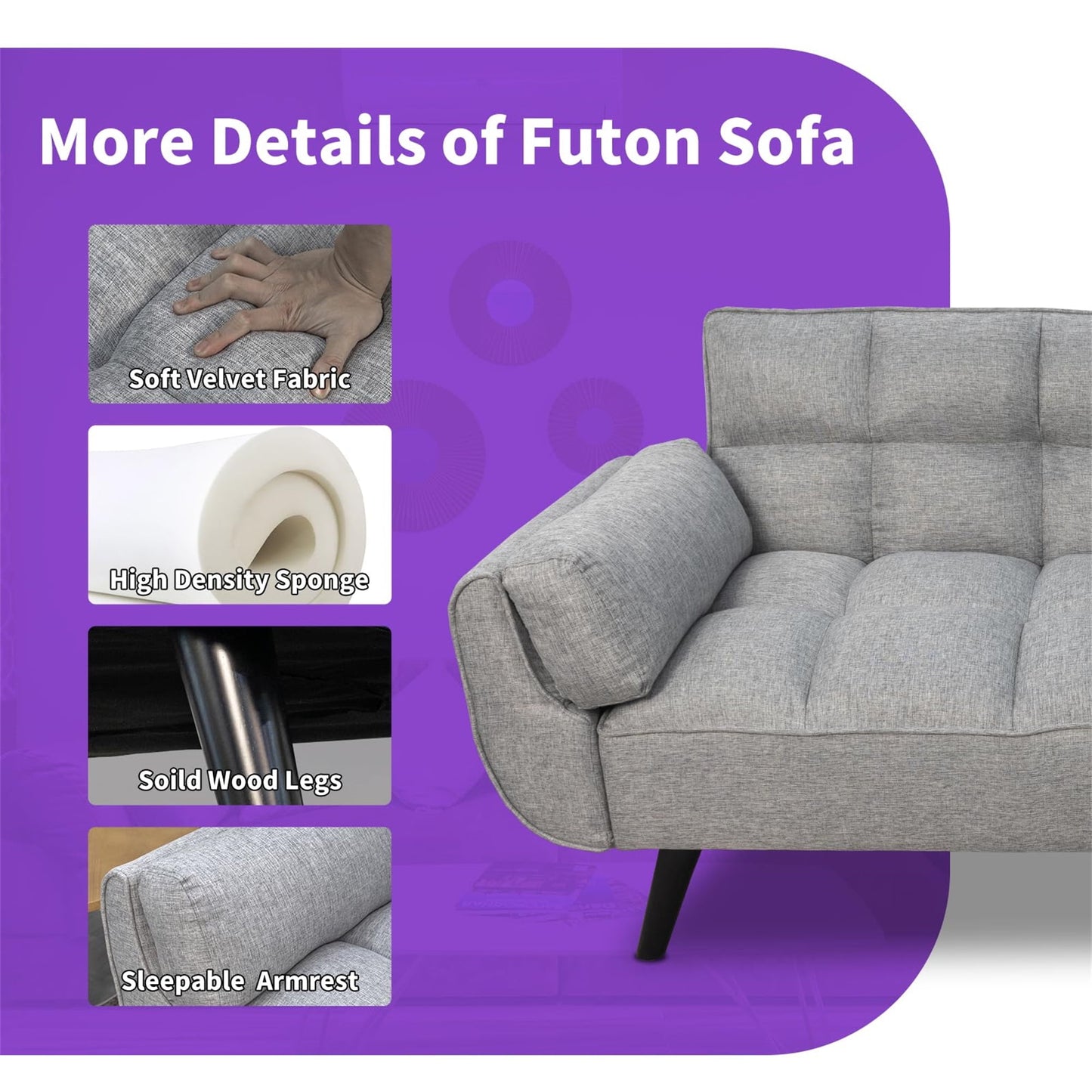 Aukfa 75in Flared Arm Futon Convertible Sofa Bed, Curved Sleeper Sofa for Home Office, Gray