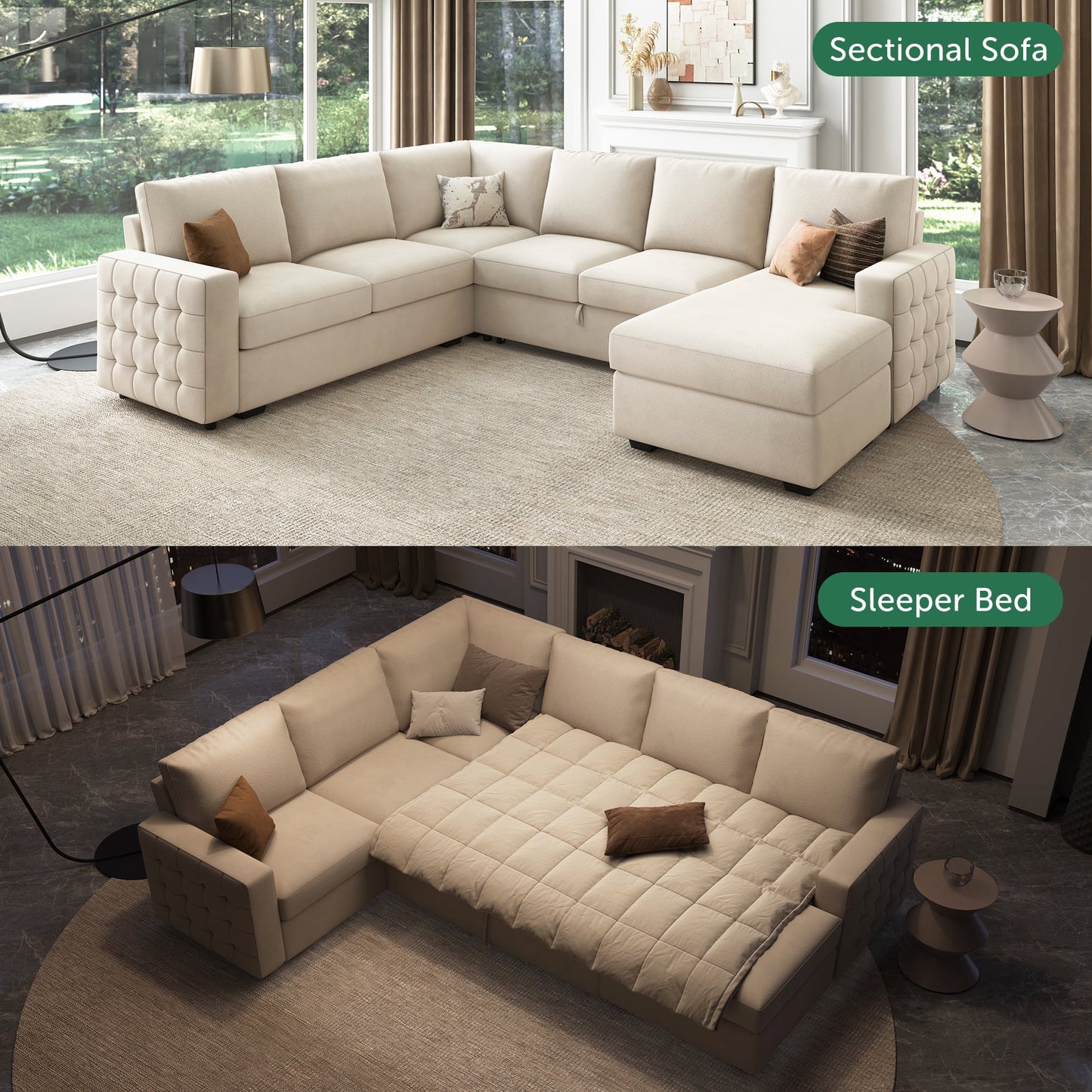 HONBAY Modern Velvet Sleeper Sofa Bed with Pull-Out Couch Bed with Storage for Living Room and Bedroom, Beige