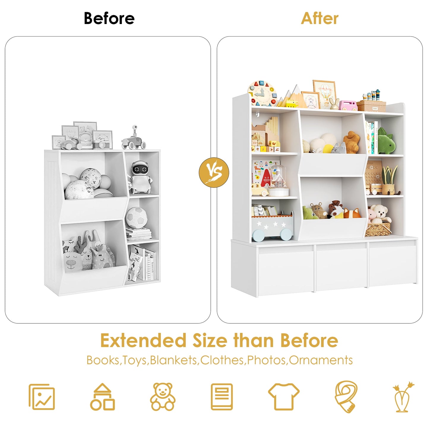 Hiphuta Kid's Toy Storage Organizer, Wood Kids Bookshelf of 8 Cubes & 3 Removable Drawers, White