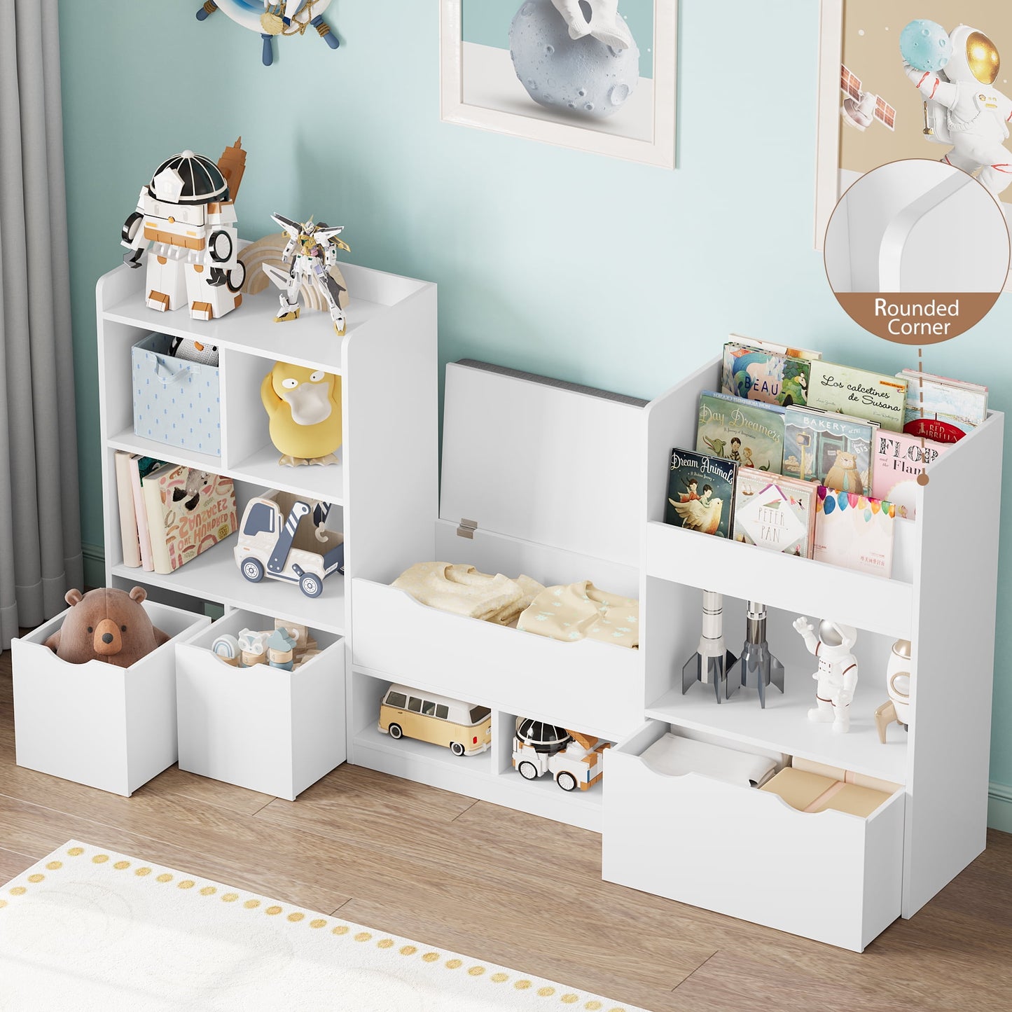 Hiphuta 53in L Kid's Bookshelf with Reading Nook and Under Bench Storage, 8 Shelf Bookcase with 3 Wood Toy Bins & 3 Tier Book Rack for Children Kidsroom