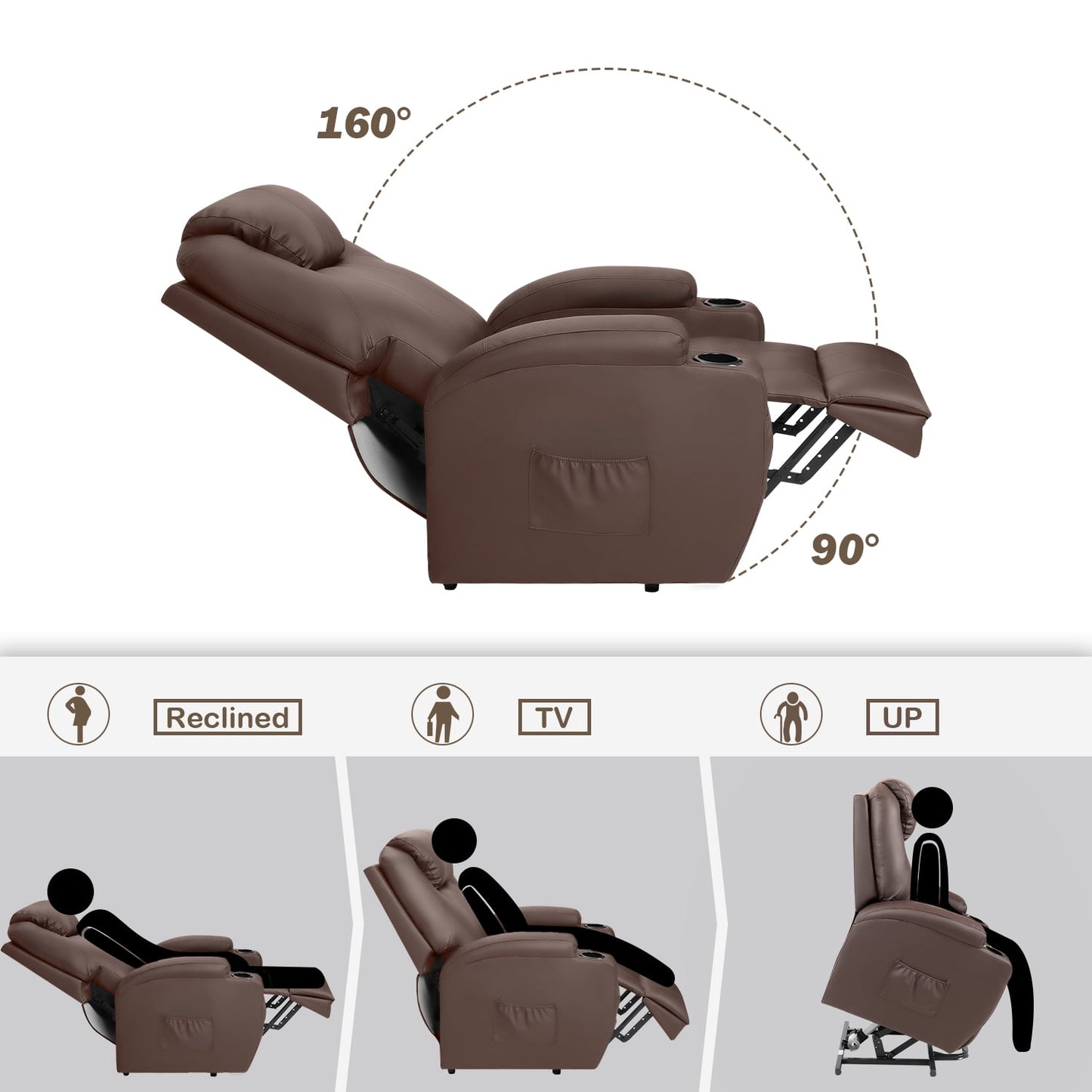 Homall Power Lift Chair PU Leather with Massage, Heat and Reclining, Ideal for Seniors, Brown