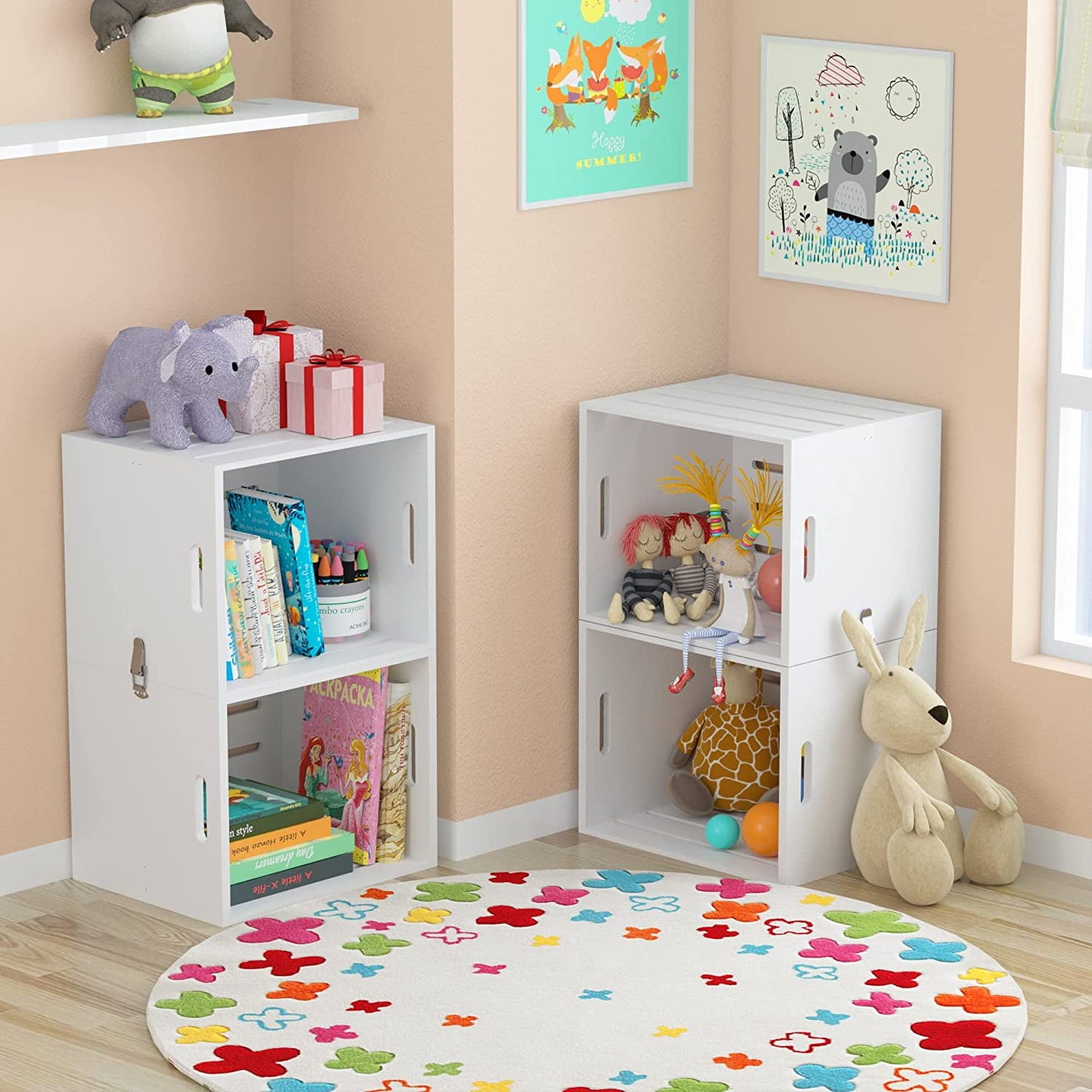 4-Tier Adjustable Kids Bookshelf Wood Book Storage Toy Storage Organizer Practical Book Storage Rack for Bedrooms Study Rooms Playrooms