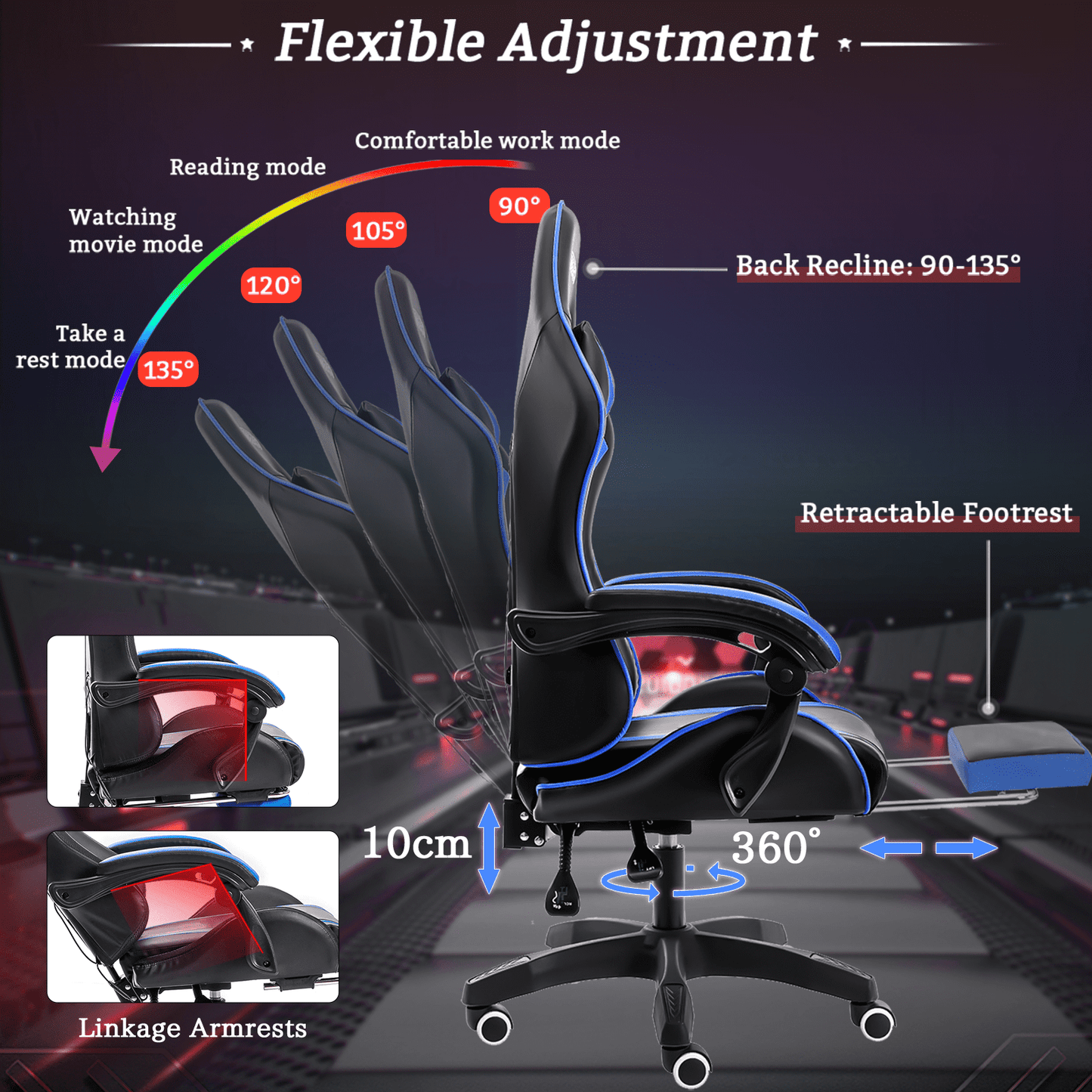 HOFFREE Gaming Chair with Massage and LED RGB Lights Ergonomic Computer Chair with Footrest High Back Video Game Chair with Adjustable Lumbar Support Linkage Armrest for Home Office