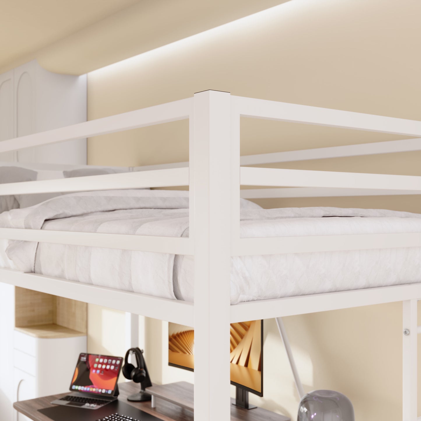 Sifurni White Heavy Duty Twin Size Metal Loft Bed with Full-Length Guardrail & Removable Stairs