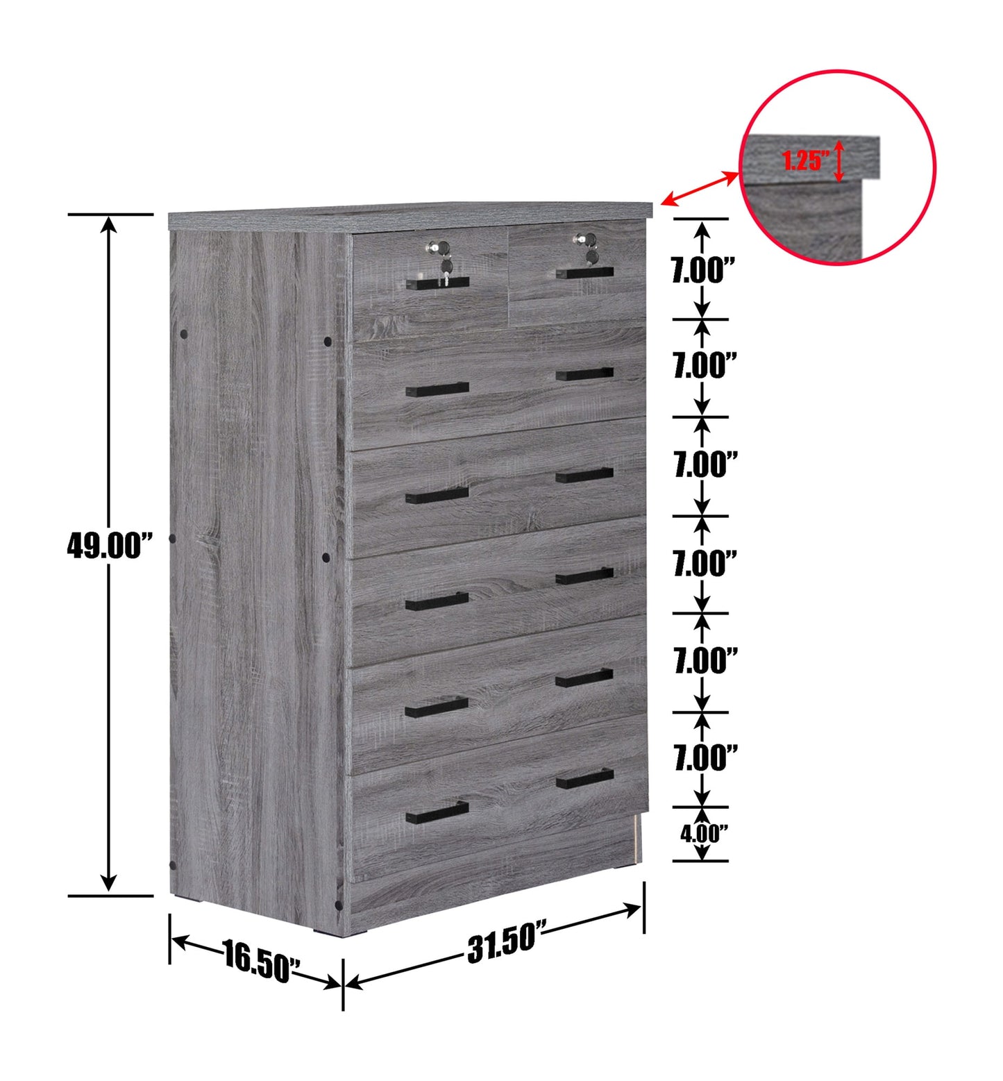 Home Furniture Cindy 7 Drawer Chest Wooden Dresser with Lock - Gray