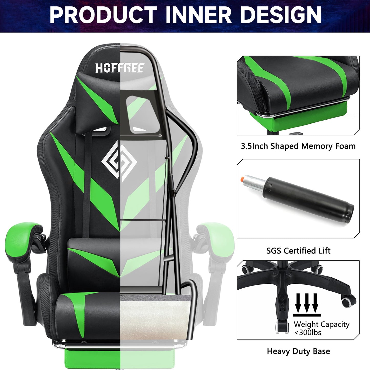 HOFFREE Gaming Chair with Massage and LED RGB Lights Ergonomic Computer Chair with Footrest High Back Video Game Chair with Adjustable Lumbar Support Linkage Armrest for Home Office