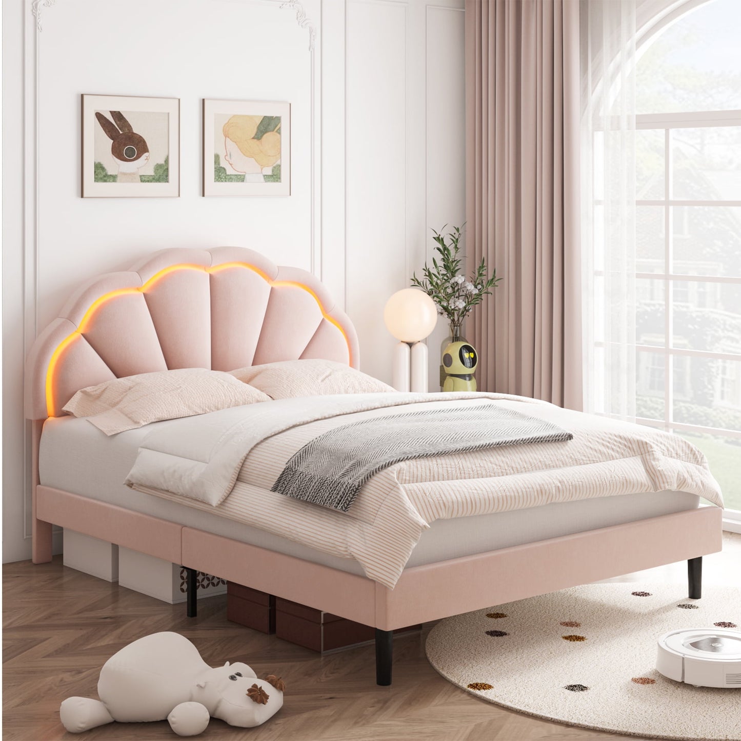 Homfa LED Bed Frame, Queen Size Velvet Upholstered Platform Bed with Adjustable Headboard, Lights Seashell Bed for Kids Girls, Pink