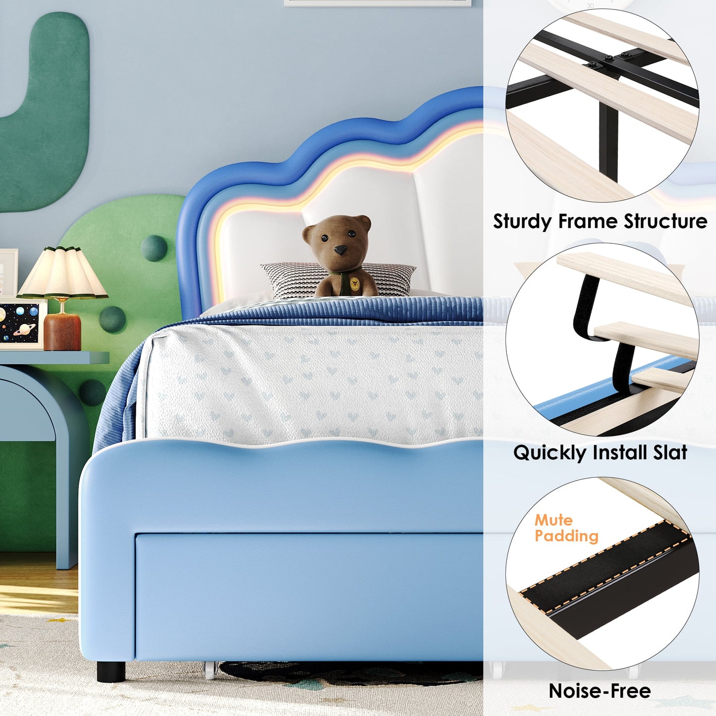 Homfa Queen Size LED Bed Frame with Drawer, PU Leather Upholstered Platform Bed with Adjustable Petal Headboard for Kid, Blue