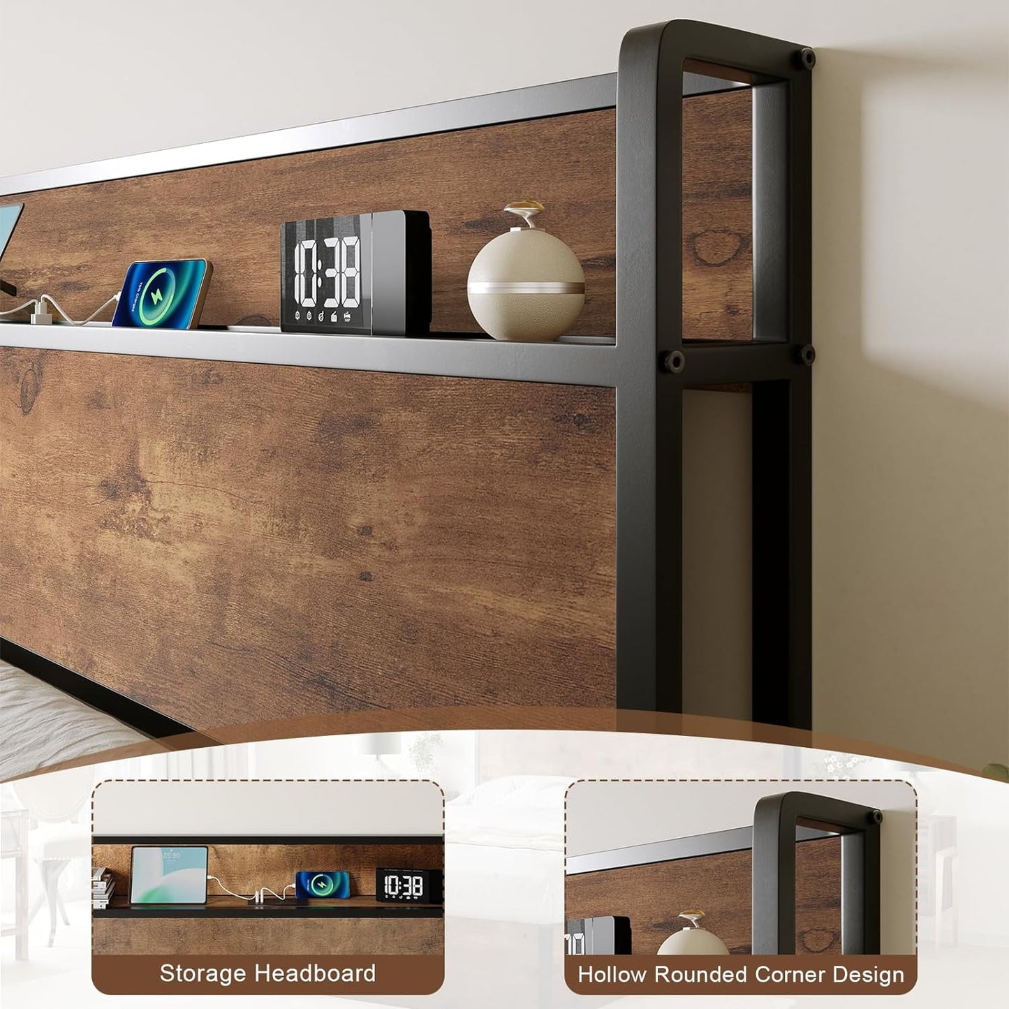 AMERLIFE King Size Lift Up Storage Bed Frame, Wooden Platform Bed Frame with Lifting Storage & Charging Station, No Spring Box Needed/Noise Free, Rustic Brown