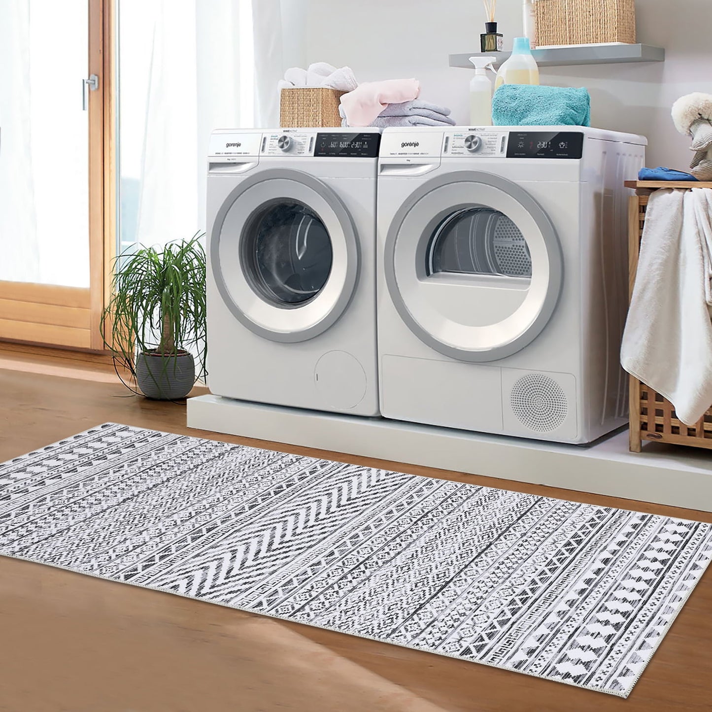 Haperlare Runner Rug 2 x 10 Ft Boho Area Rug Geometric Floor Mat for Living Room Bedroom Home Decor Foldable Chenille Floor Rug Washable Door Mat, Gray/White