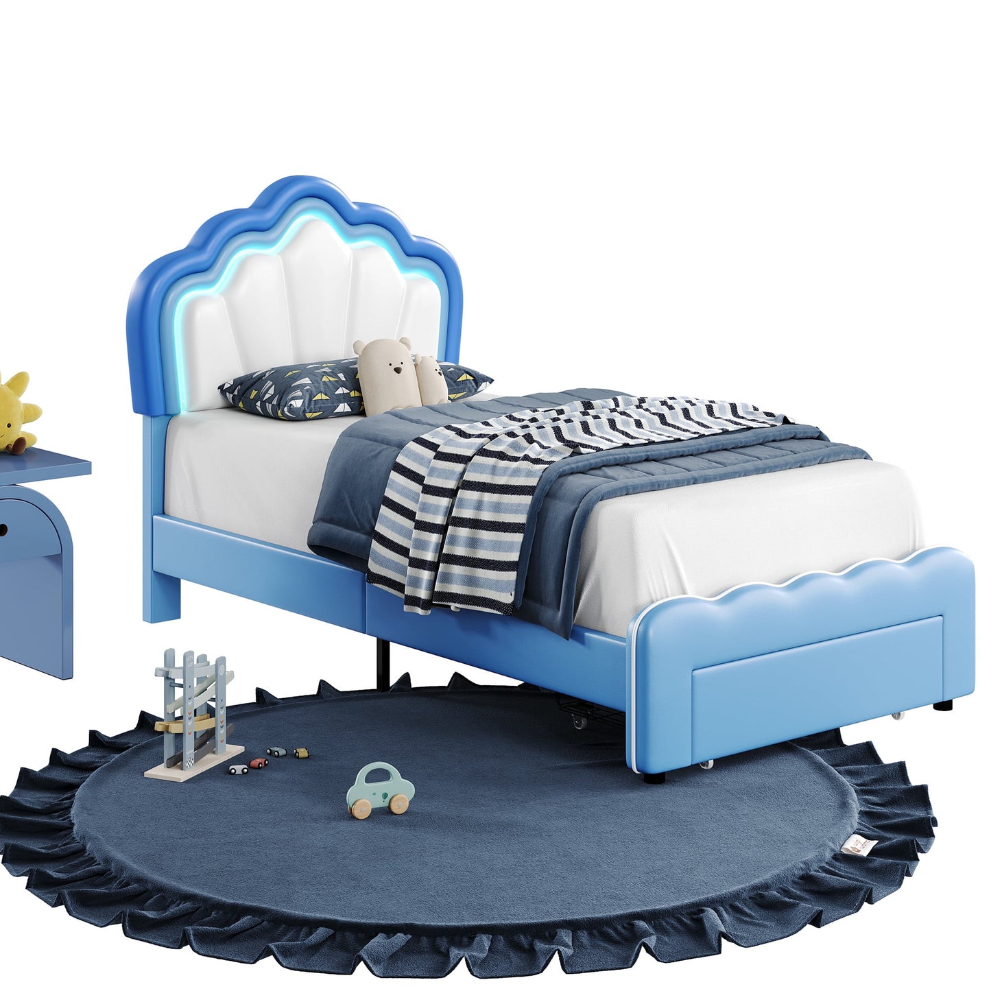 Homfa Twin Size LED Bed Frame with Drawer, PU Leather Upholstered Platform Bed with Adjustable Petal Headboard for Kid, Blue