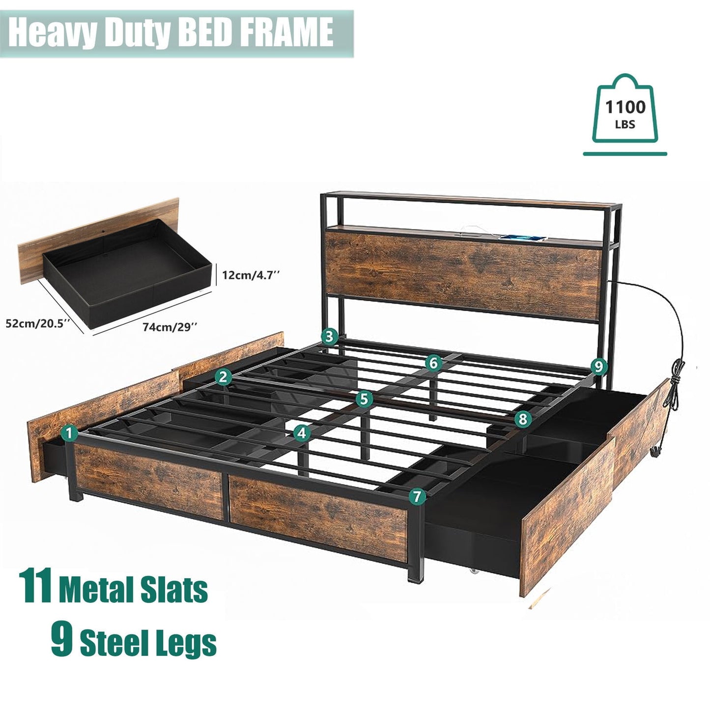 LED Bed Frame with Charging Station, Adjustable Size, Multi-Color Lights & Ample Storage