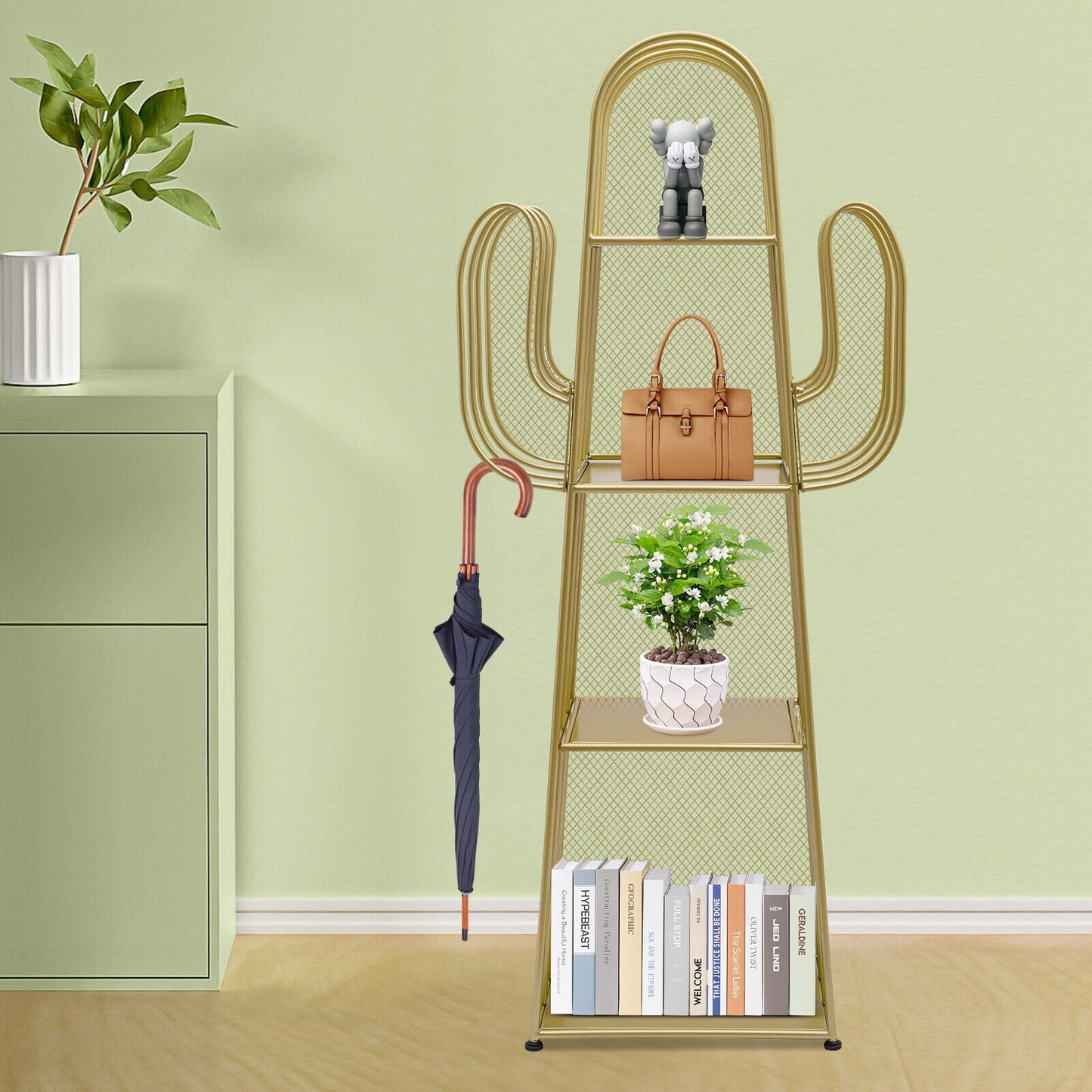 4 Tier Cactus Shape Bookcase, Iron Bookshelf Storage Rack Shelf, Living Room Sundry Shelf, Flower Stand with 8 Hooks, Bedroom Bookshelf for Kids & Adults