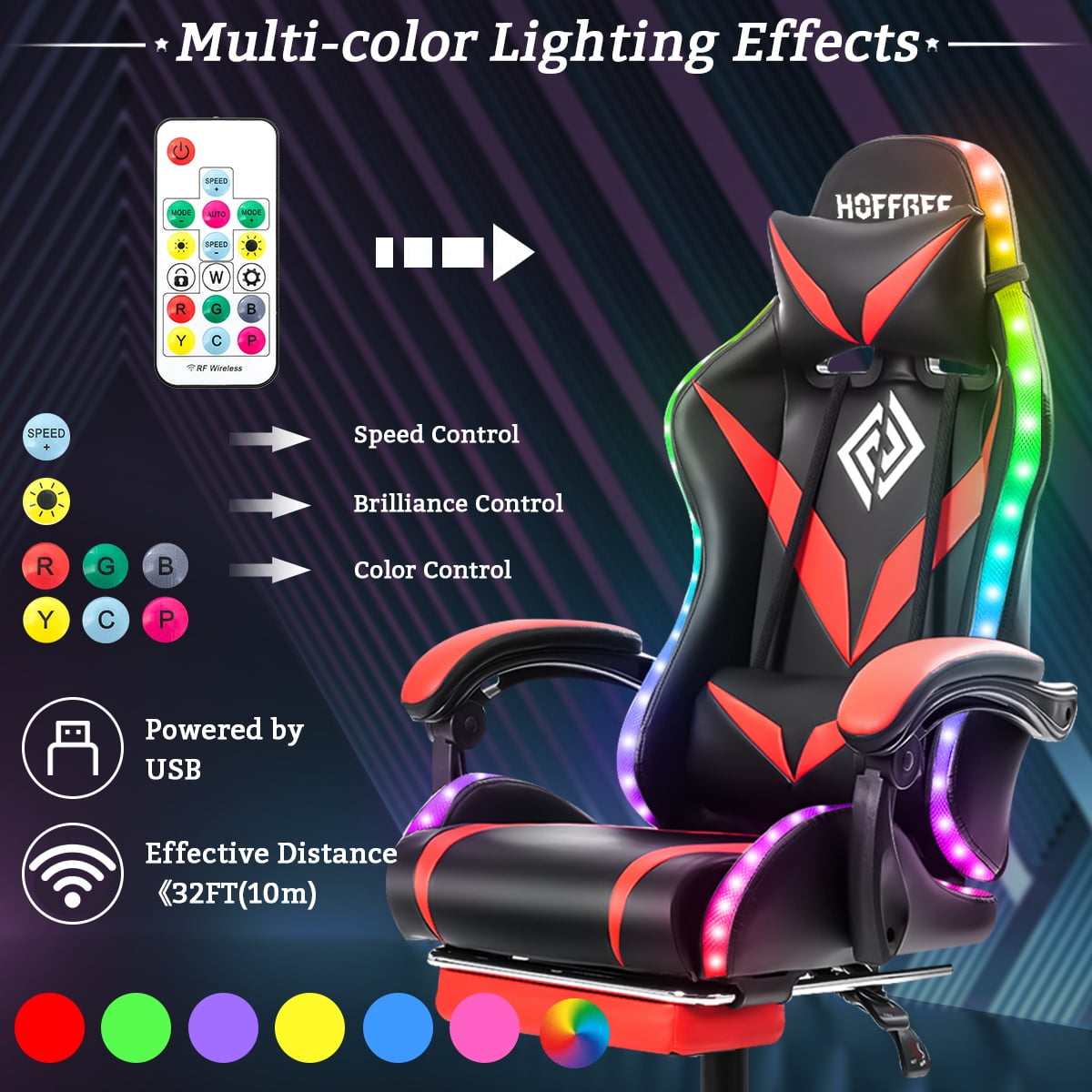 HOFFREE Gaming Chair with Massage and LED RGB Lights Ergonomic Computer Chair with Footrest High Back Video Game Chair with Adjustable Lumbar Support Linkage Armrest for Home Office