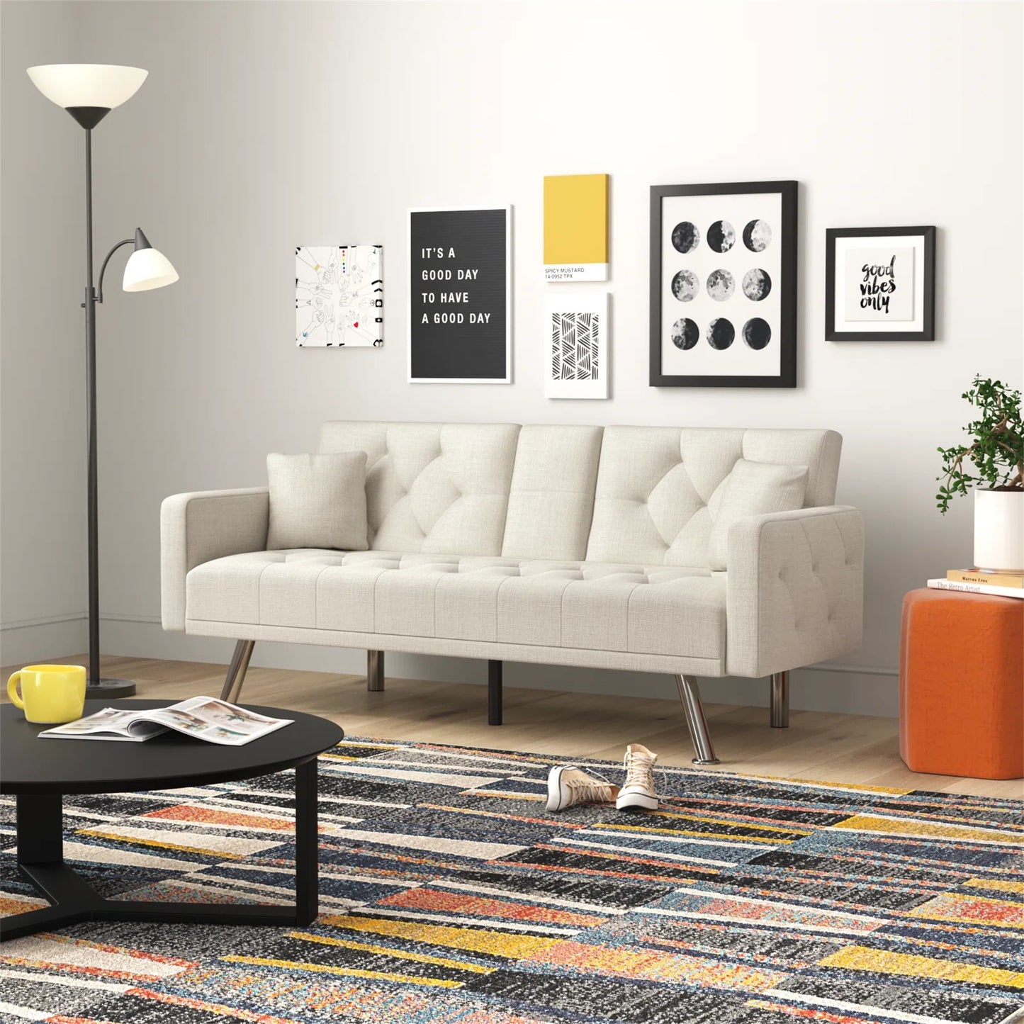 Aukfa 75in Tufted Futon Convertible Sofa Bed, Arm Couch for Home Office, 2 Pillow&Cup Holder, Beige