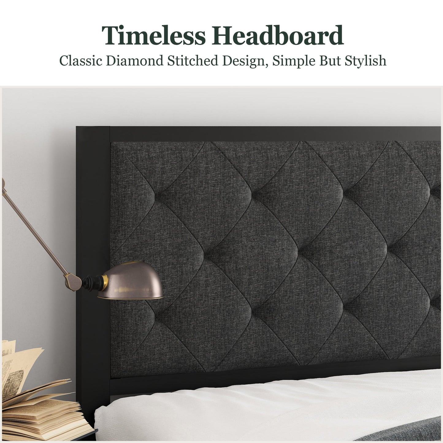 Amolife Twin Size Metal Bed Frame with Upholstered Headboard, Dark Gray