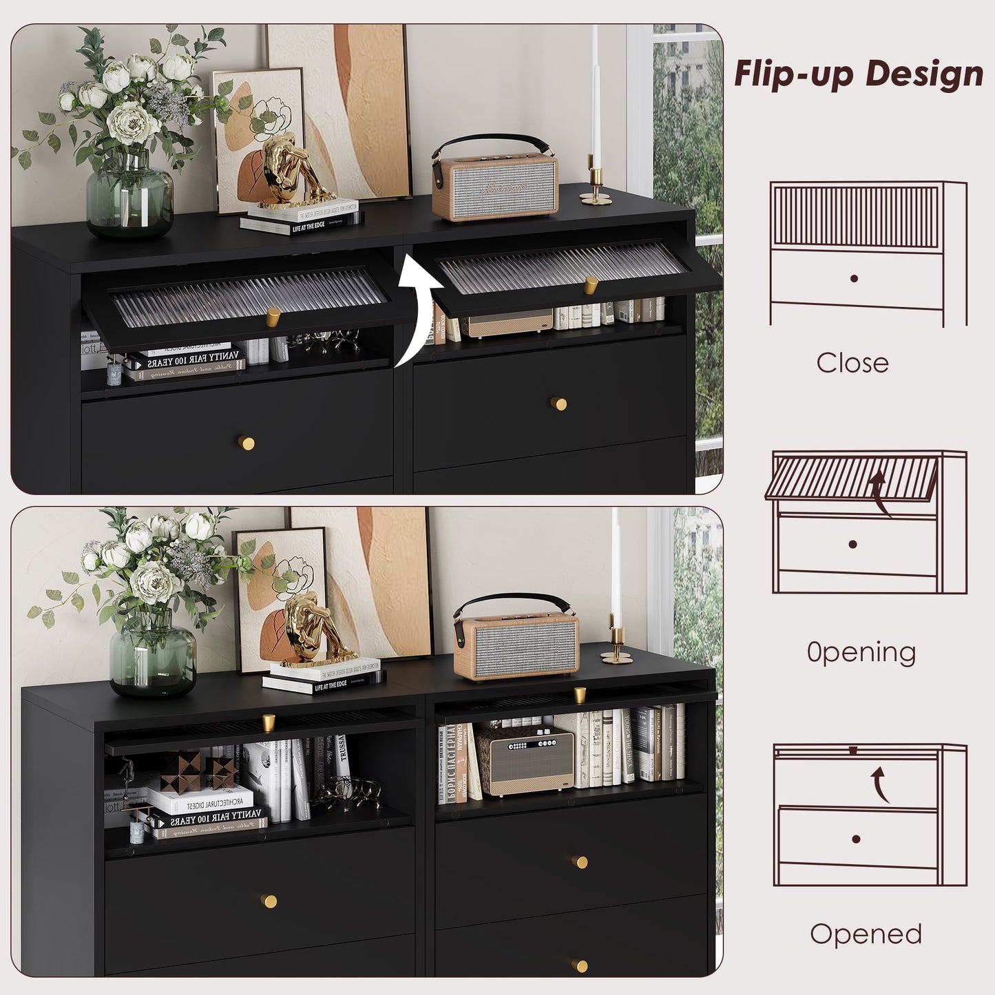 Homfa 6 Drawer Dresser, 51.4in Tall Chest of Drawers with Glass Doors, Wood Storage Cabinet for Bedroom Living Room, Black