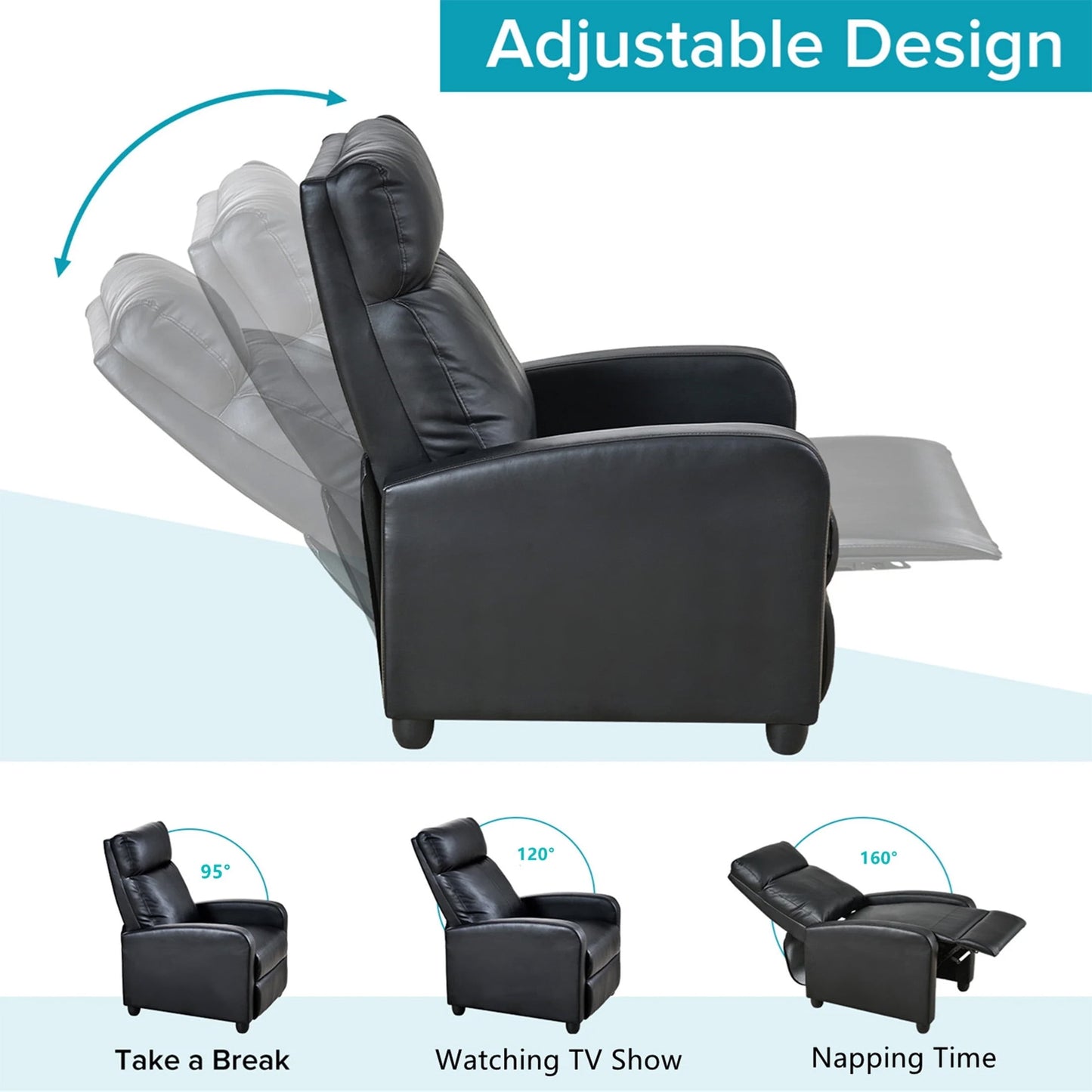 Aukfa Leather Recliner Chair with Side Storage Bag for Living Room Bedroom, Black