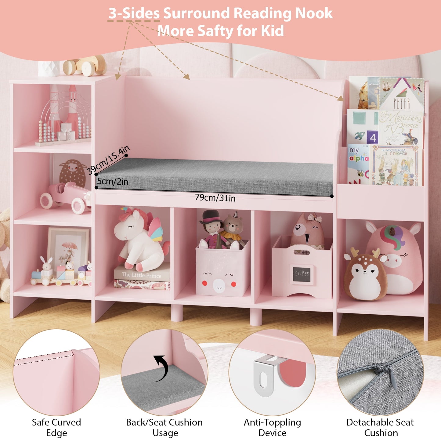 Homfa Kids Bookshelf with Reading & Seat Nook, 7 Cube Wooden Child Toy Organizer with Adjustable Shelf, 31.5in H x 54.5in W, Pink