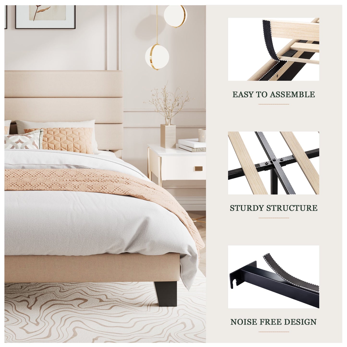 Amolife Platform Queen Size Bed Frame with Fabric Upholstered Headboard, No Box Spring Needed, Strong Wooden Slats, Beige