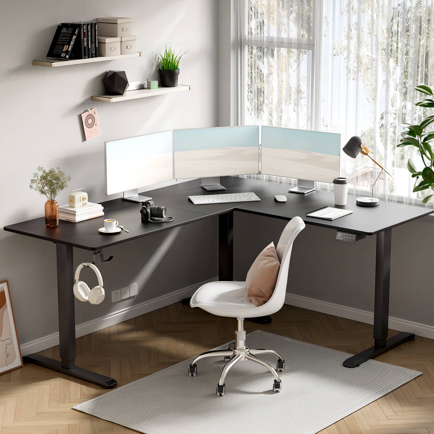 Homall 63in Wide L-shaped Electric Sit-Stand Desk Lifting Range 28~46in Height Gear Memory Ergonomics Standing Desk Height Adjustable Computer Desk, Black