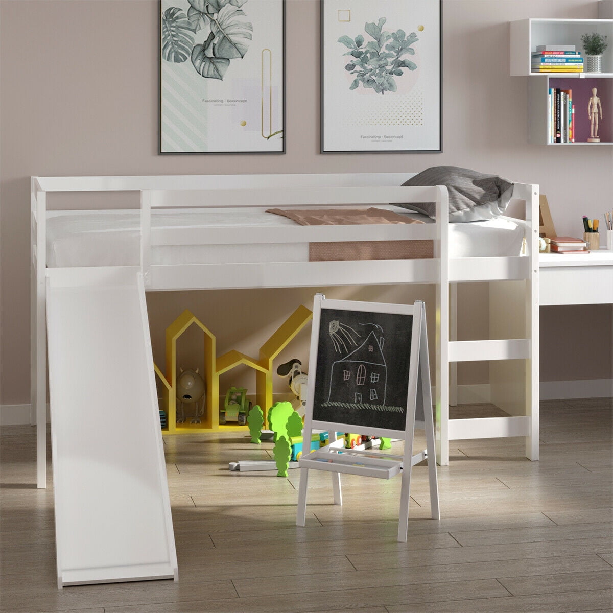 Gymax Twin Size Loft Bed with Slide Wood Low Sturdy Loft Bed for Kids Bedroom White