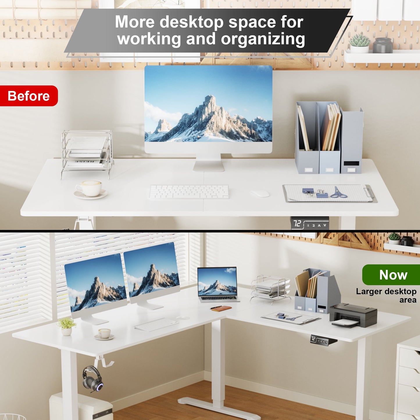 Homall 63in Wide L-shaped Electric Sit-Stand Desk Lifting Range 28~46in Height Gear Memory Ergonomics Standing Desk Height Adjustable Computer Desk, White