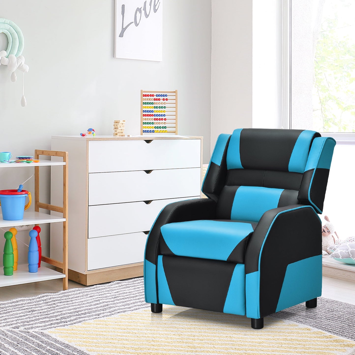 Gymax Gaming Recliner Sofa PU Leather Armchair for Kids Youth w/ Footrest Blue