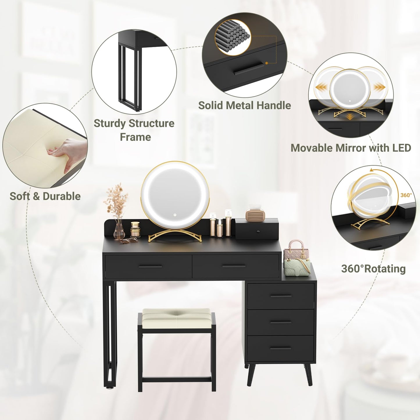 Homieasy Vanity Desk with Mirror and Lights, Modern Makeup Vanity Table Set with 6 Storage Drawers and Cushioned Stool for Bedroom, Dressing Table with Divided Organizers for Women, Black