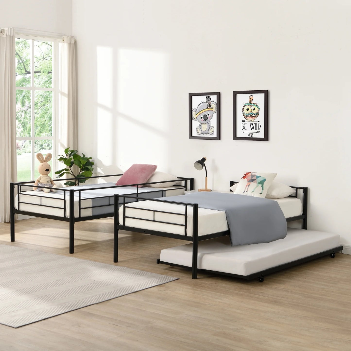 Heavy Duty Kids Twin Over Twin Metal Bunk Bed with Flat Ladder & Safety Guardrail, Convertible Trundle Bed Frame for Dorm, Bedroom, Guest Room, No Box Spring Needed, Silver, D6554