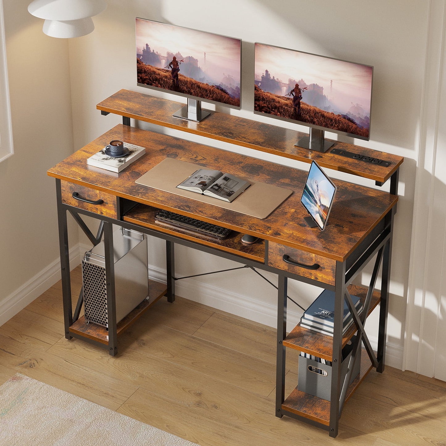 KKL 48 inch Height Adjustable Home Office Desk with USB Charging Port & Keyboard Tray, Writing Desk with Drawers