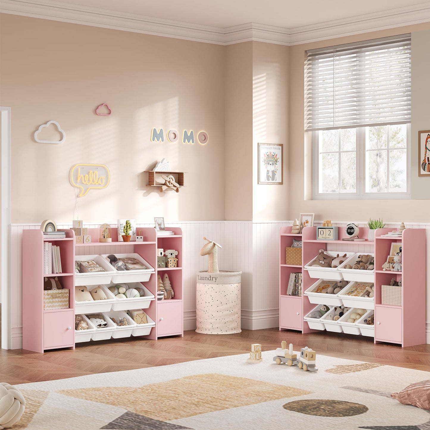 Homfa Kids Toy Organization Cubby Bookcase with 8 Bin, 2 Door Pink Storage Organizer Bookshelf for Children Room Playroom