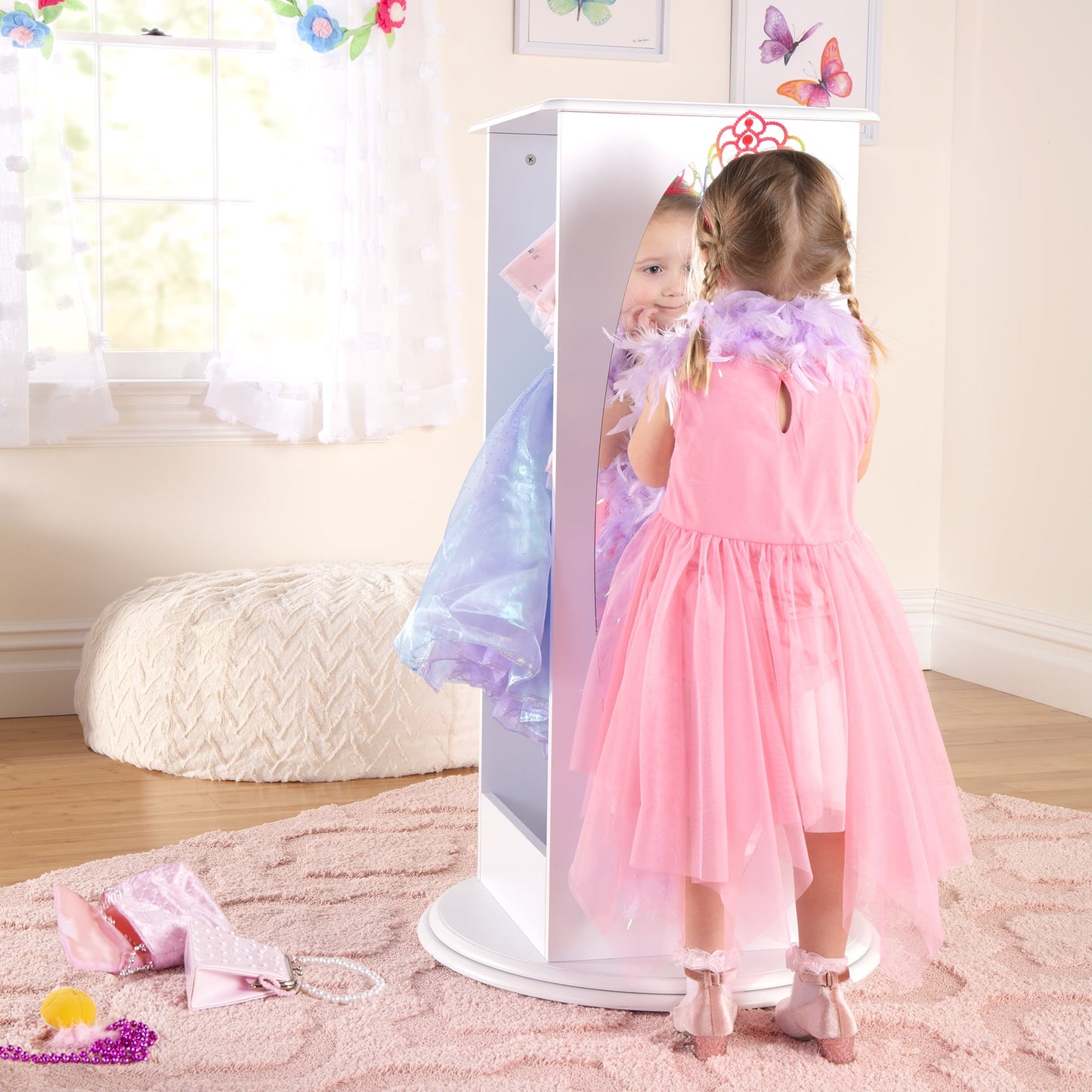 Guidecraft Rotating Dress Up Storage Center - White: Wooden Wardrobe, Pretend Play Costume and Kids' Clothing Organizer with Mirrors