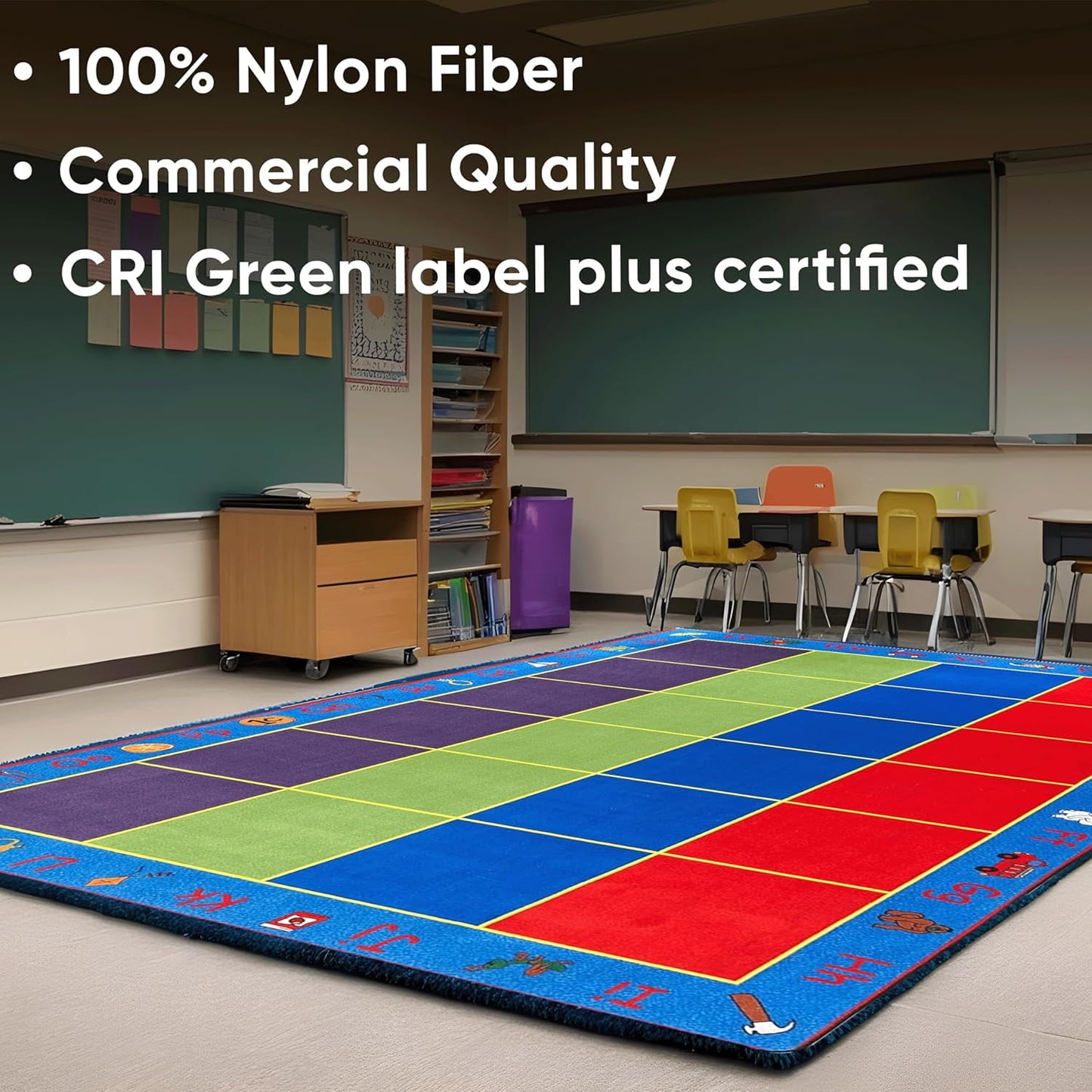 ABC Rainbow Seating Classroom Rug with 24 Seats 7'6in x 12' Rectangle ¨C Kids Educational Learning Rug for Preschool, Kindergarten, and Elementary School