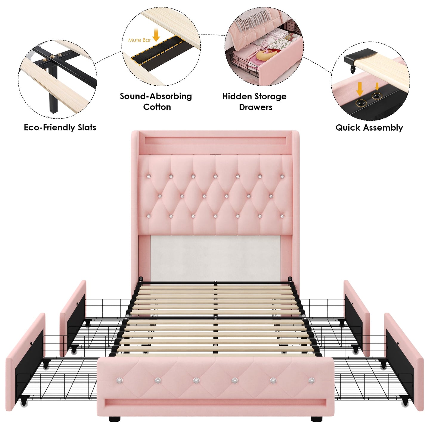 Homfa Twin Size LED Bed Frame with Outlets and USB Ports, 4 Storage Drawers Modern Wingback Crystal Button Tufted Velvet Upholstered Platform Bed Frame, Pink