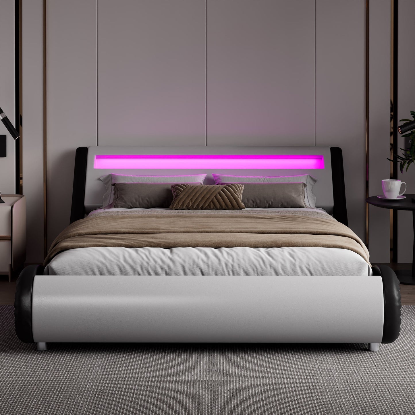 Amolife Full Size Wave-Like Curve Deluxe Upholstered Modern Bed Frame with LED Headboard, Black+White