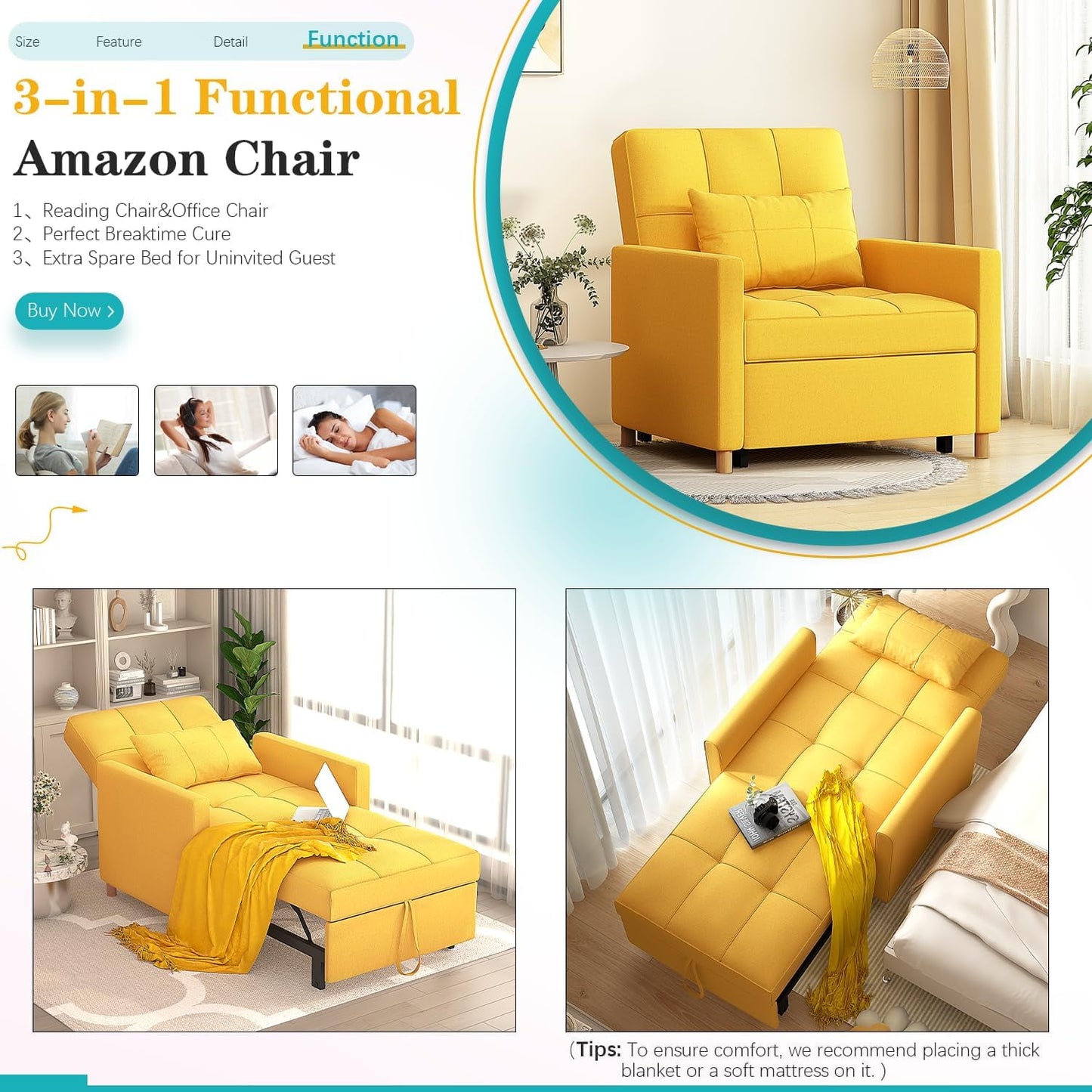 AECOJOY 3-in-1 Sleeper Sofa Chair, Luminous Yellow, Foldable Indoor Lounger, Pull Out Convertible Bed