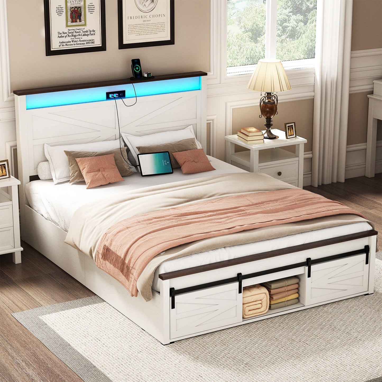 ANPOO Farmhouse Queen Size Bed Frame with LED Lights & Charging Station, Sliding Barn Door Storage Cabinet/Headboard,High Footboard, No Box Spring Needed, Noise-Free,White