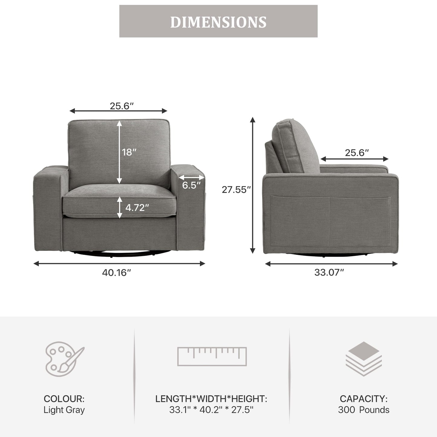 INGALIK Swivel Accent Chair, 40.2in W Oversize Chenille Accent Armchair with Storage Bag, Modern Comfortable Chair for Living Room, Bedroom, Home, Club, Light Gray