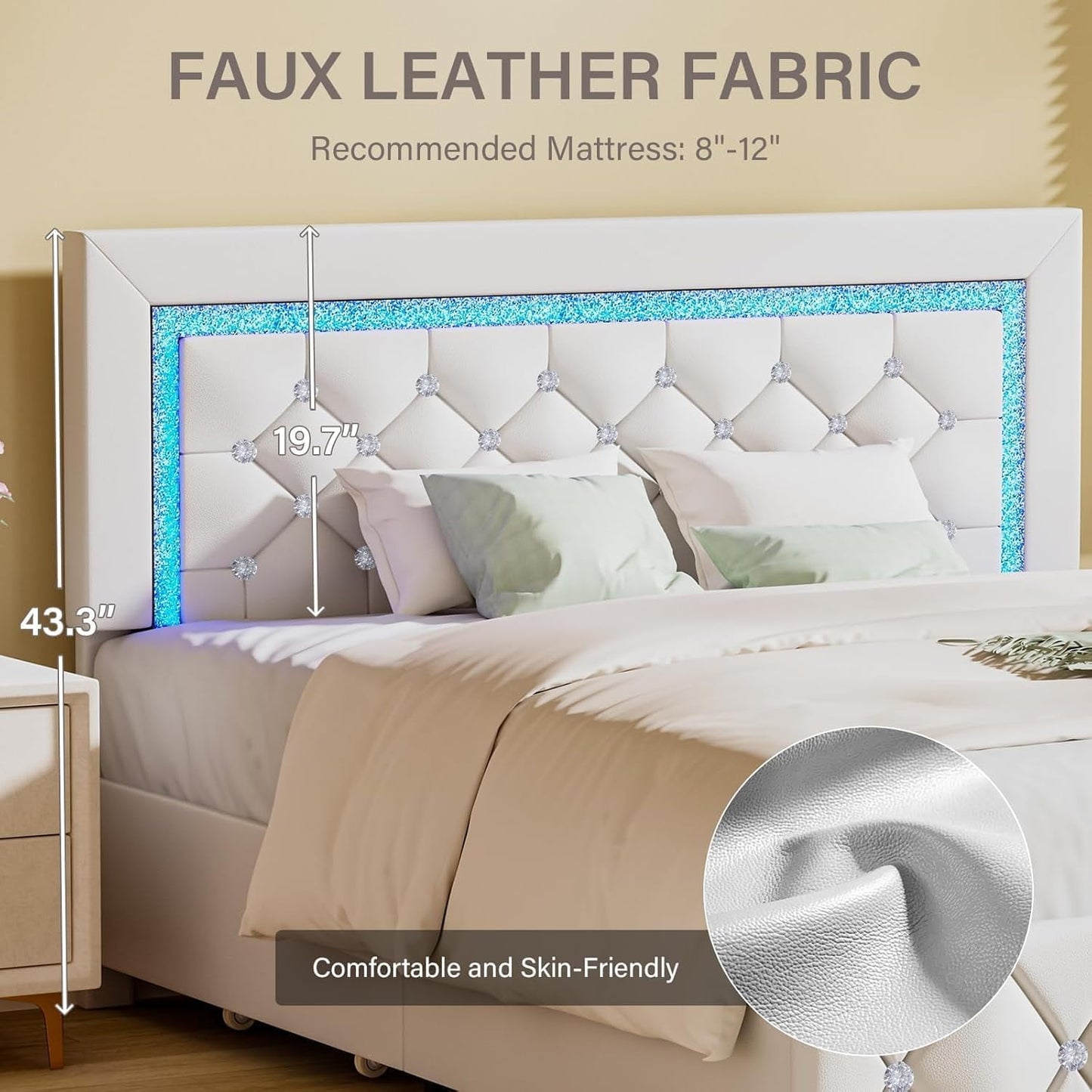 4 EVER WINNER Twin Size LED Bed Frame with 2 drawers, White Twin Bed Frame with LED Light and Diamond Headboard, Modern Upholstered Bed for Kids, White