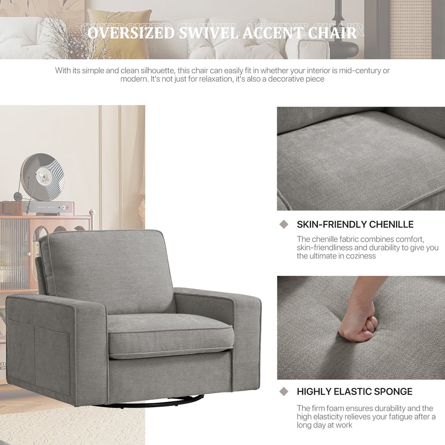 INGALIK Swivel Accent Chair, 40.2in W Oversize Chenille Accent Armchair with Storage Bag, Modern Comfortable Chair for Living Room, Bedroom, Home, Club, Light Gray