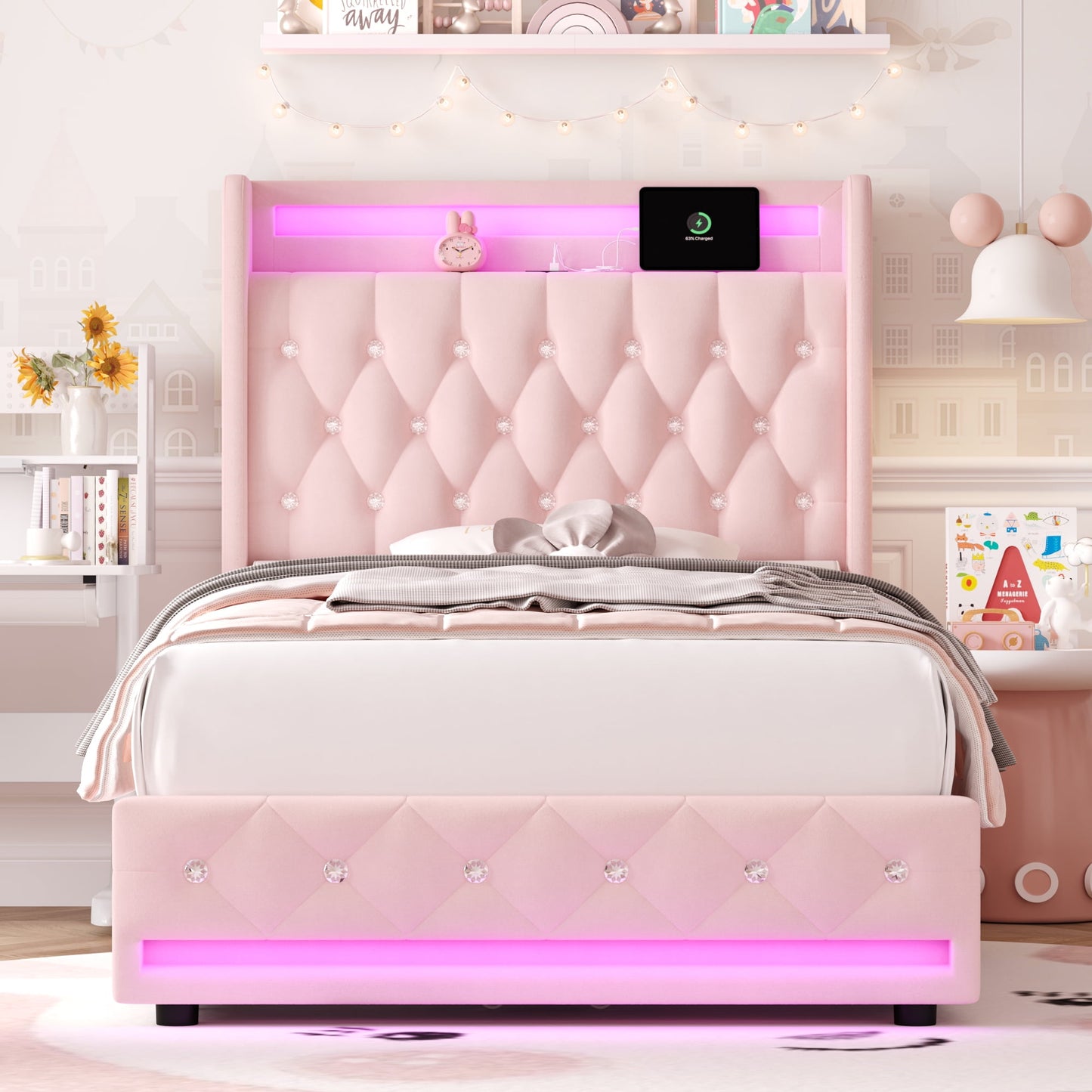 Homfa Twin Size LED Bed Frame with Outlets and USB Ports, 4 Storage Drawers Modern Wingback Crystal Button Tufted Velvet Upholstered Platform Bed Frame, Pink