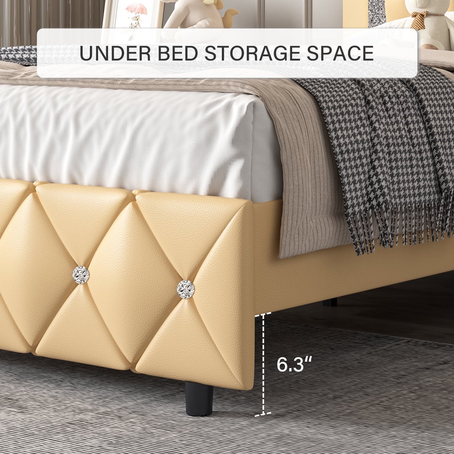 4 EVER WINNER Twin Size Bed Frame with Headboard, Upholstered Platform Bed Frame, Diamond Tufted Headboard & Footboard, Yellow