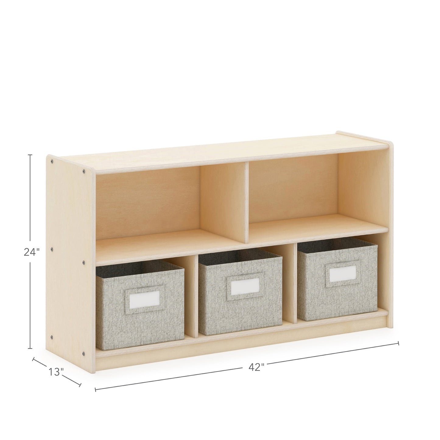 Guidecraft EdQ 2-Shelf 5-Compartment Storage 24in - Natural: Kids' Wooden Bedroom and Playroom Toy and Book Organizer with Fabric Bins