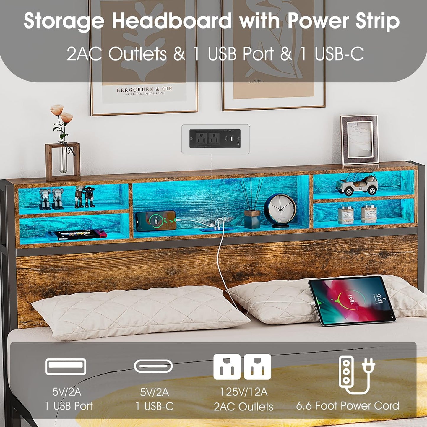 Alohappy Full Size Bed Frame with Storage Headboard and Drawers, Metal Platform Bed Frame RGB Led Lights and with Charging Station, No Nosie No Box Spring Needed