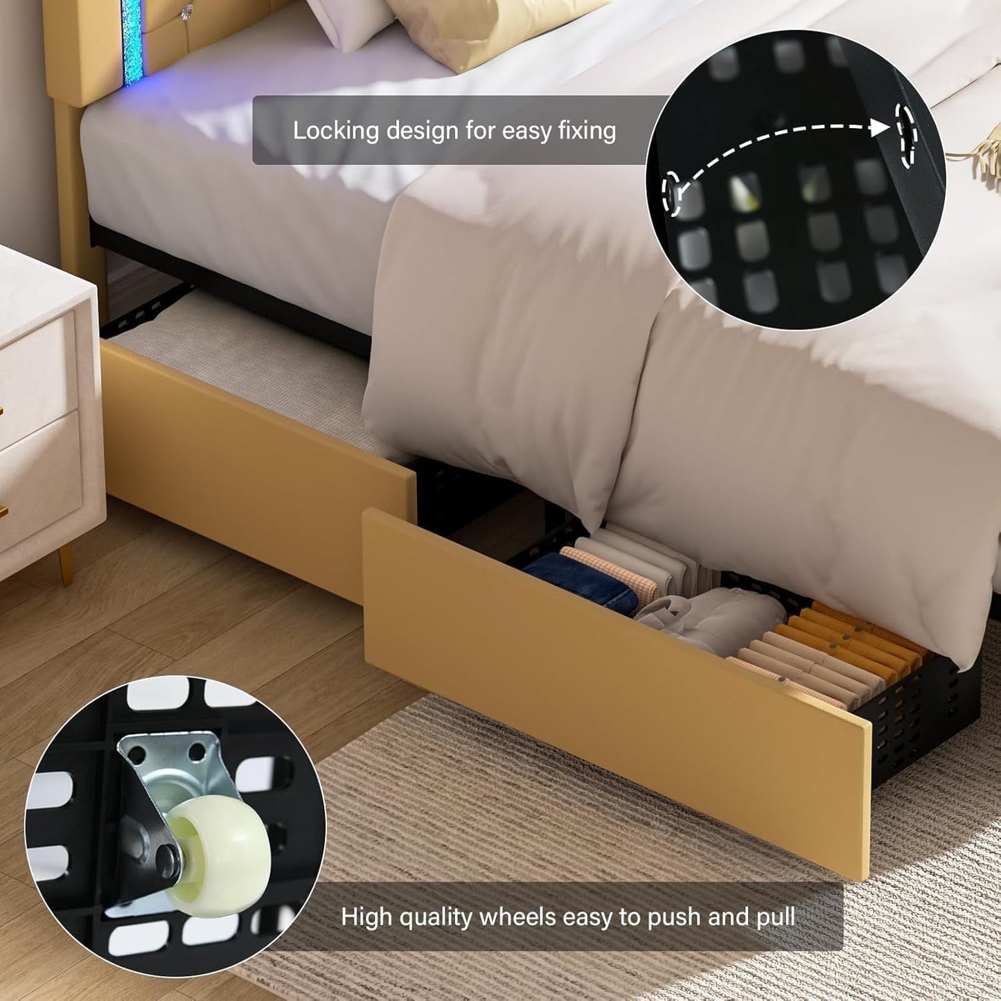 4 EVER WINNER Twin Size LED Bed Frame with 2 drawers, Twin Bed Frame with LED Light and Diamond Headboard, Modern Upholstered Bed for Kids, Yellow