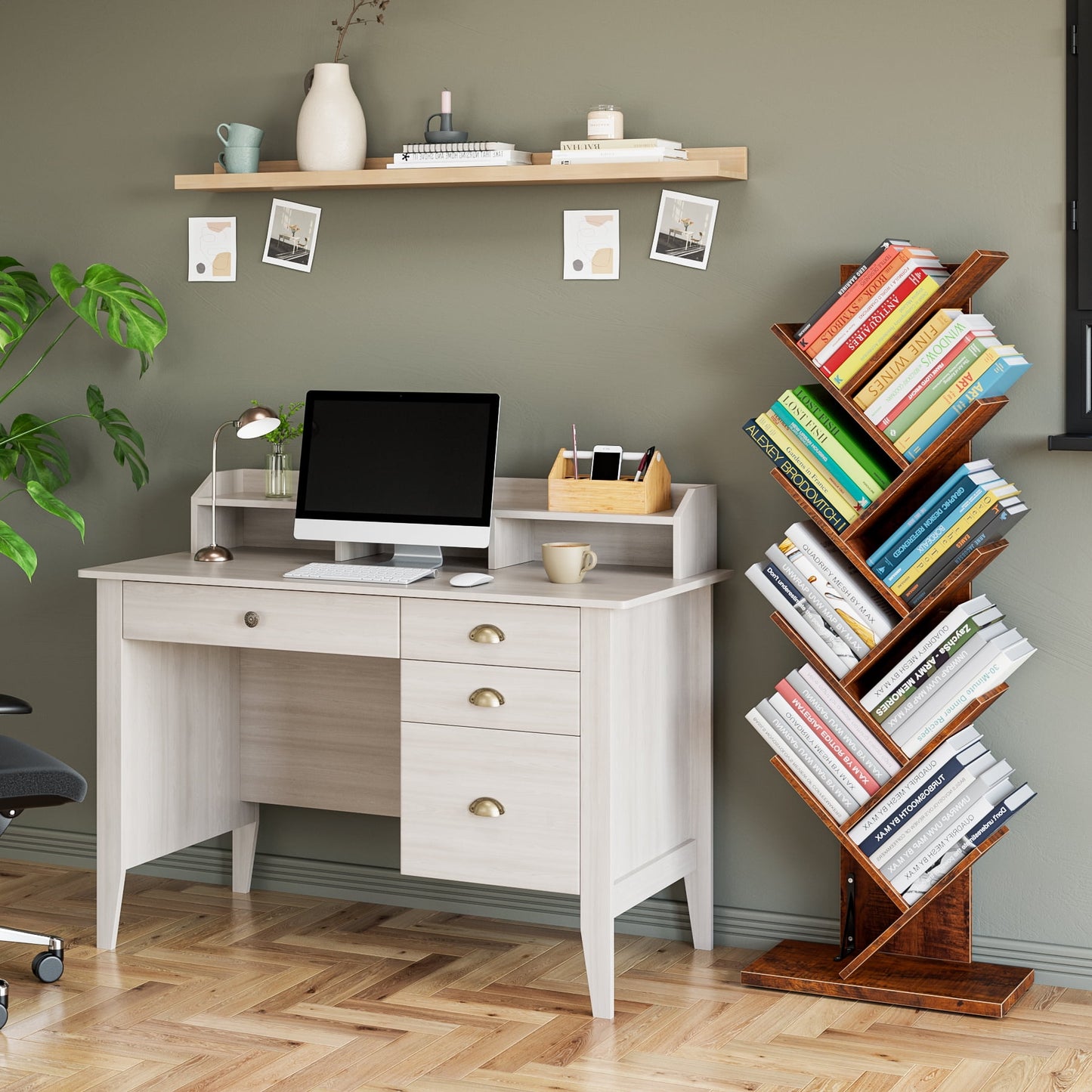 Homfa 47in Home Office Desk, Compact Wood Table, 4 Drawers and Hutch Shelf, Oak White